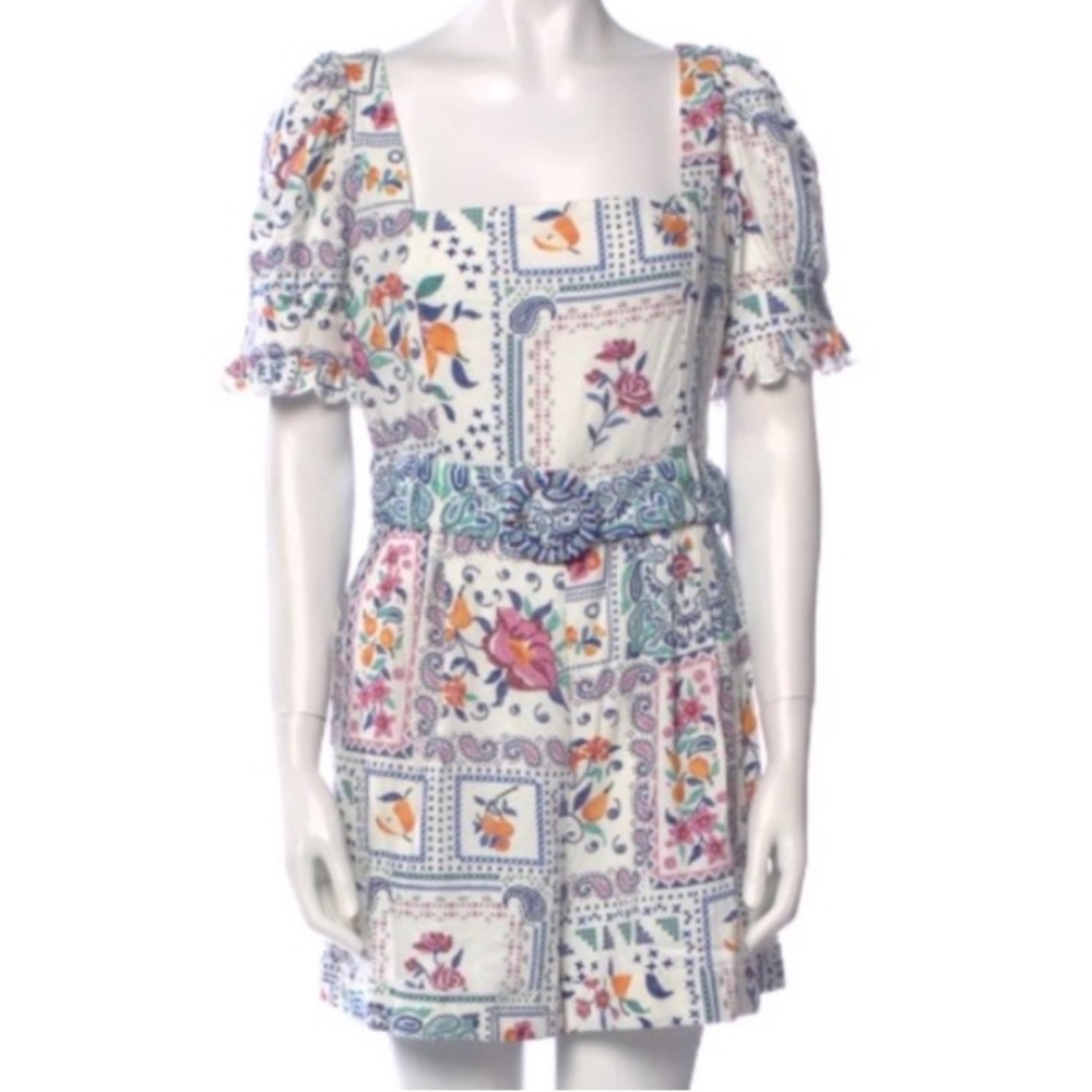 Caroline Constas White Colorful Linen Cross-stitch Patchwork Floral Fruit Romper